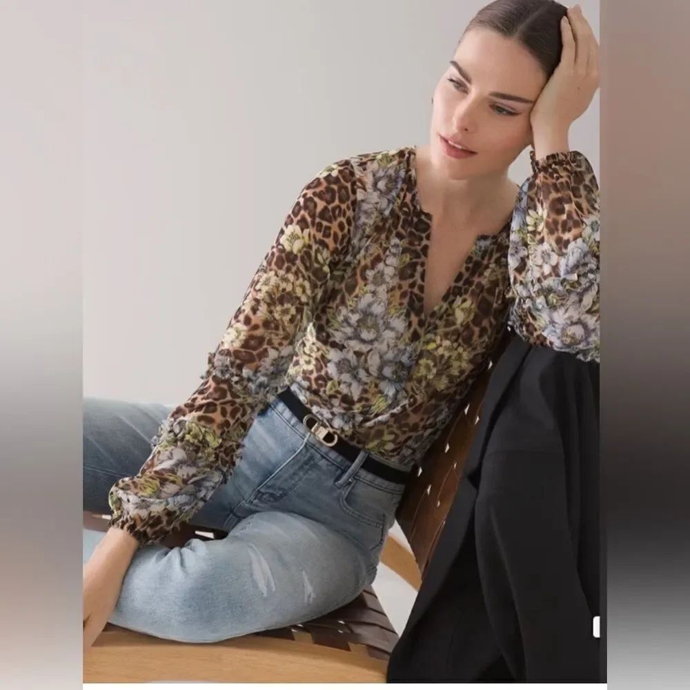 White House Black Market Ruffle Sleeve Blouse Blue Floral & Leopard S